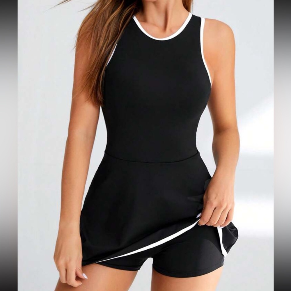 Athleisure Black Dress with built-in shorts and white trim